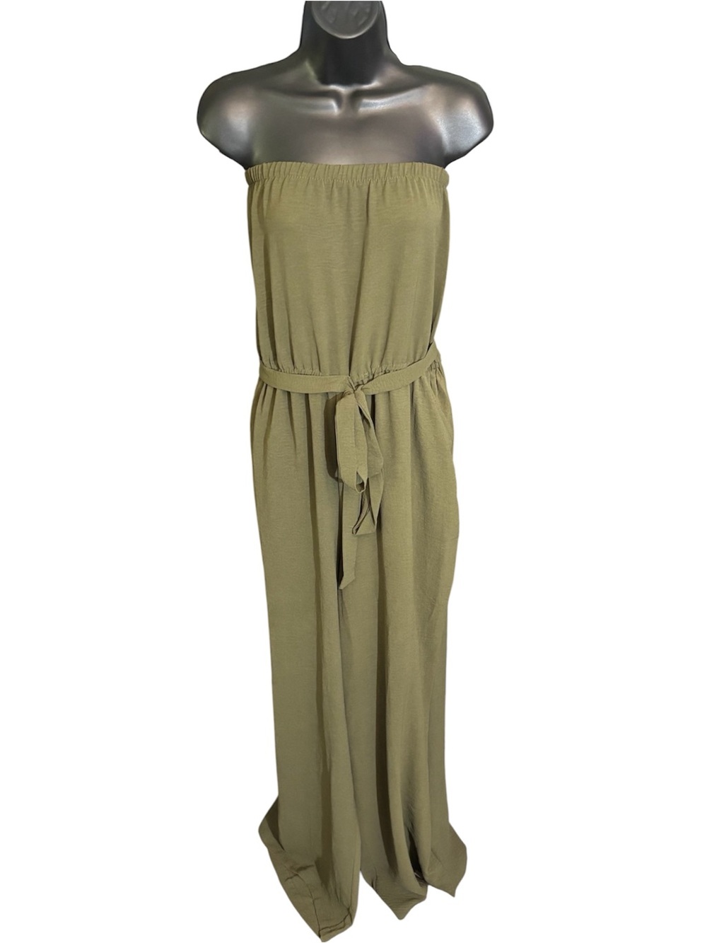 Jolie & Joy by FCT with Love Strapless Olive Wide-leg Jumpsuit with Belt - Picture 2 of 4